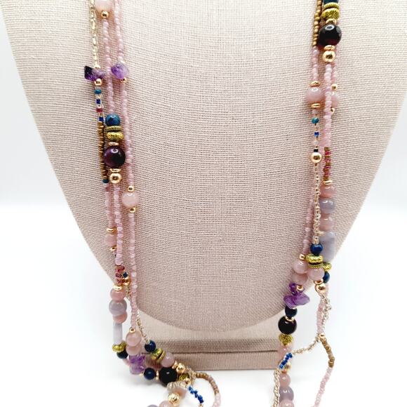Chico's Bohemian Beaded Pendant Necklace - Amethyst Chips - 36" - 3 Bead Strands - Picture 4 of 12